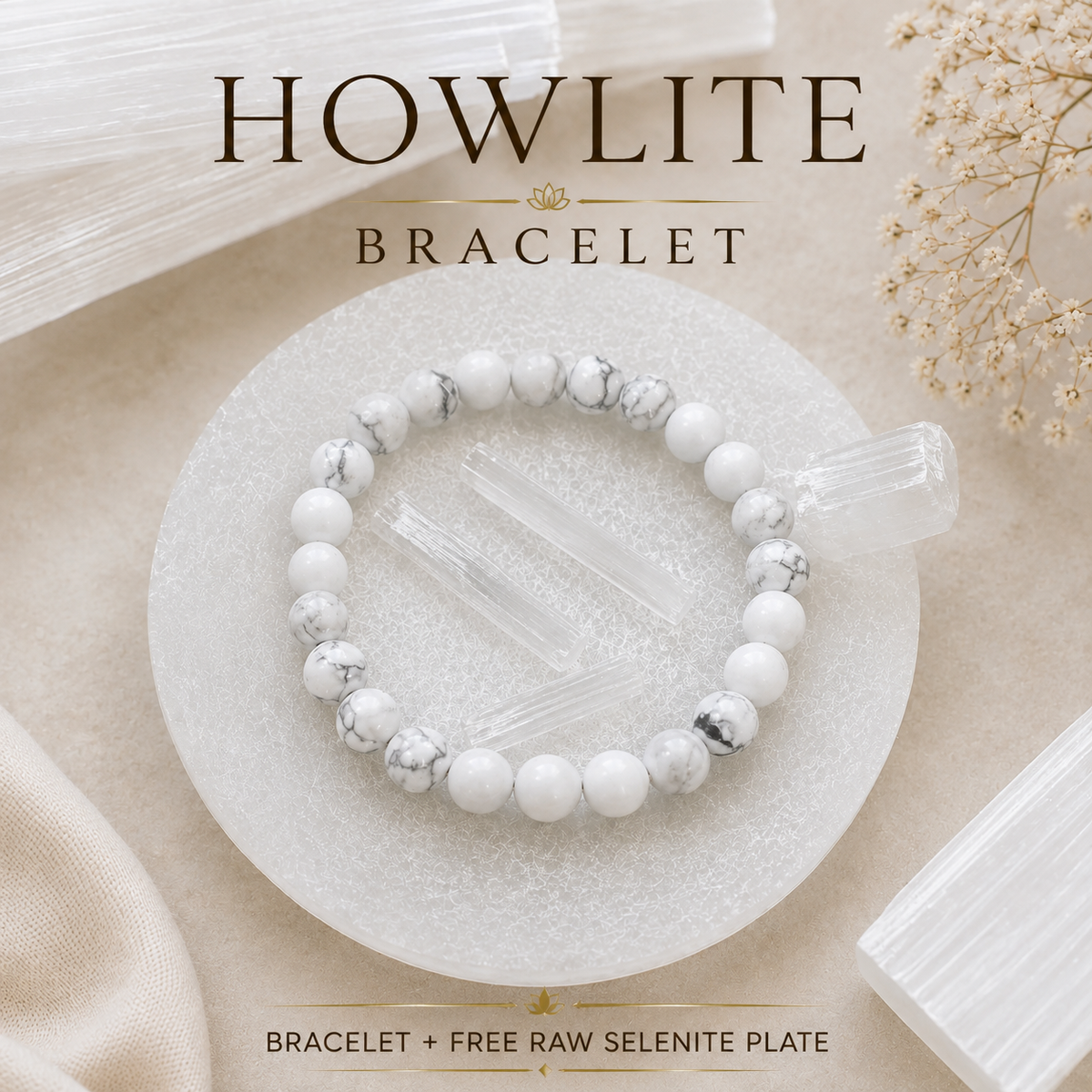 Howlite Bracelet with Selenite Charging Plate | Tatvakart