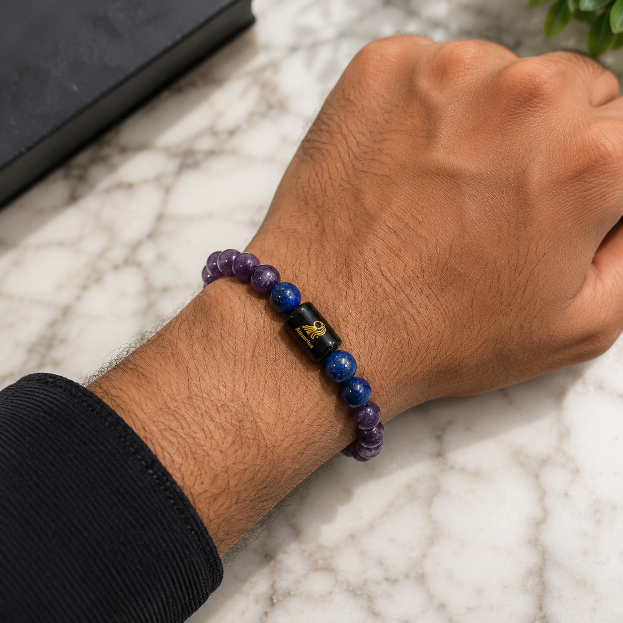 Aquarius Zodiac Bracelet (कुंभ राशि) with Natural Selenite Plate | Amethyst & Lapis Lazuli Bracelet