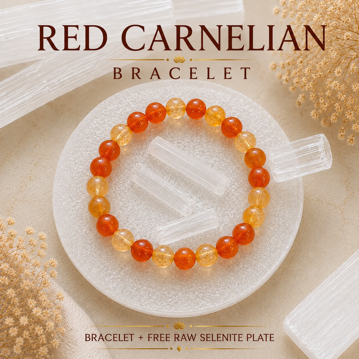 Red Carnelian Bracelet with Natural Selenite Plate