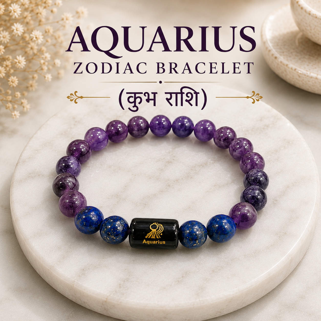 Aquarius Zodiac Bracelet (कुंभ राशि) | Natural Amethyst & Lapis Lazuli Crystal Bracelet