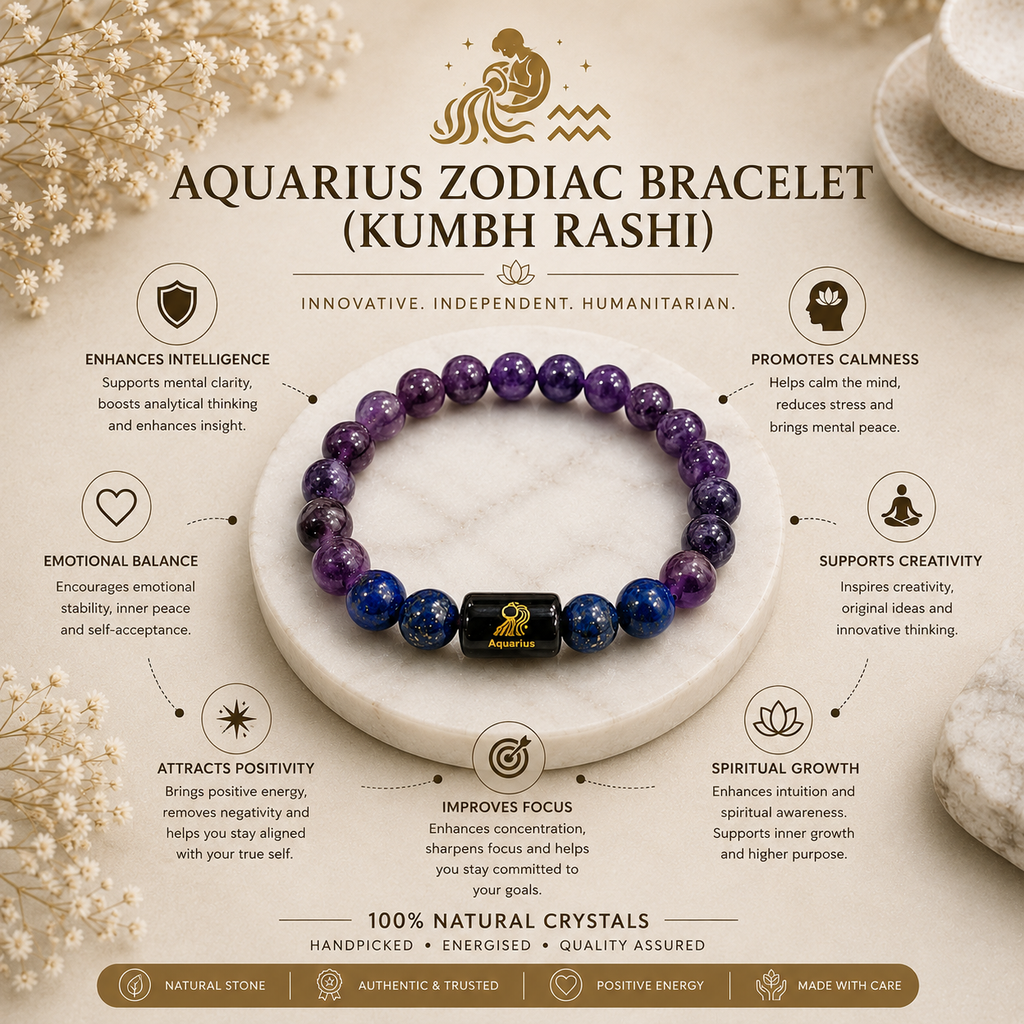 Aquarius Zodiac Bracelet (कुंभ राशि) | Natural Amethyst & Lapis Lazuli Crystal Bracelet