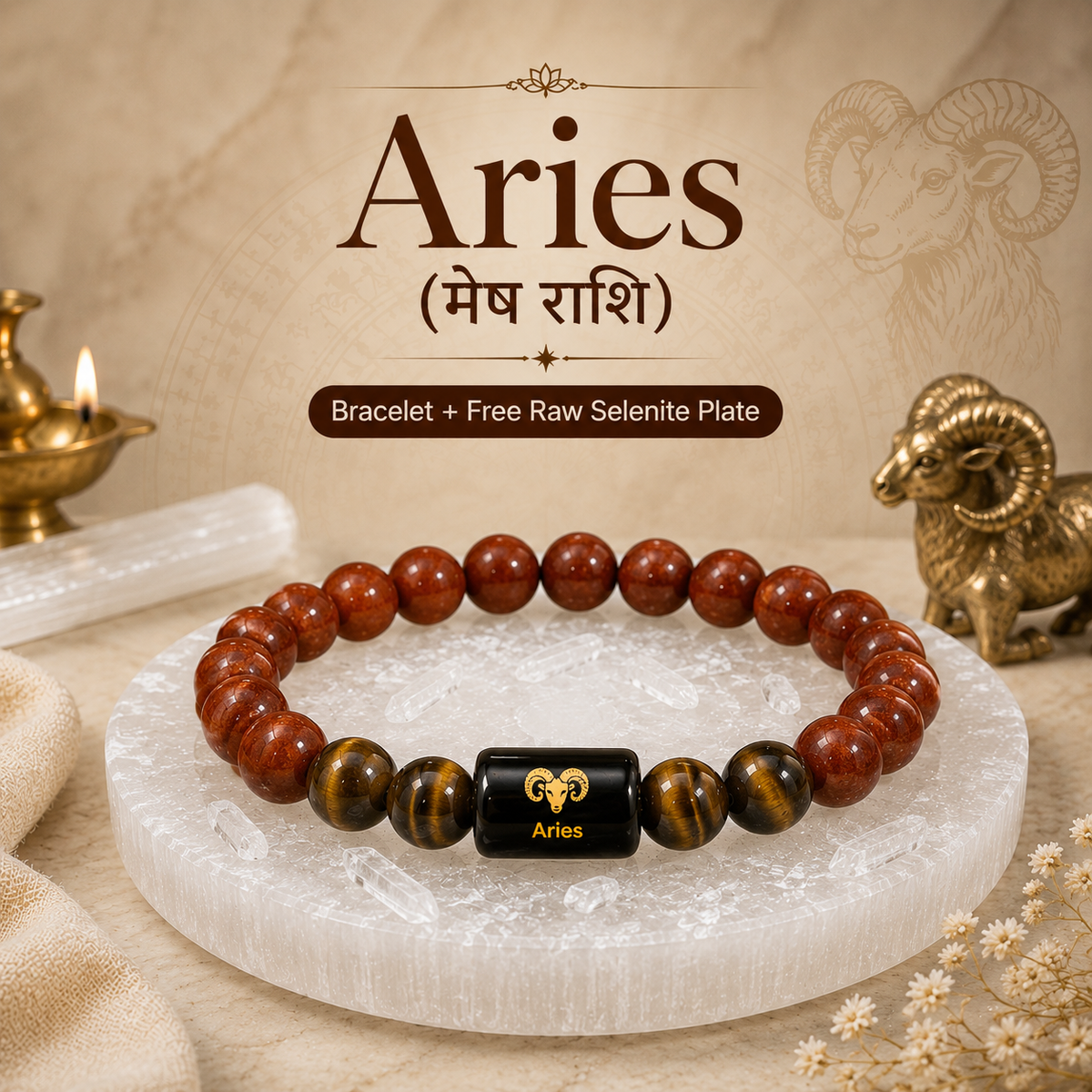 Aries Zodiac Bracelet (मेष राशि) with Natural Selenite Plate | Red Jasper & Tiger Eye Bracelet