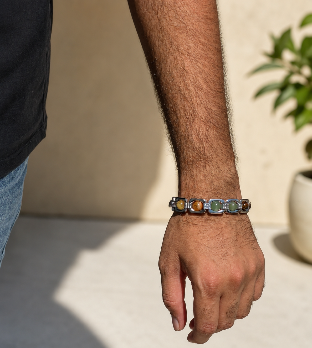 Metal Dhan Yog Men Bracelet (Silver Plated) + Free Gangajal And Digital Naam Jap Counter