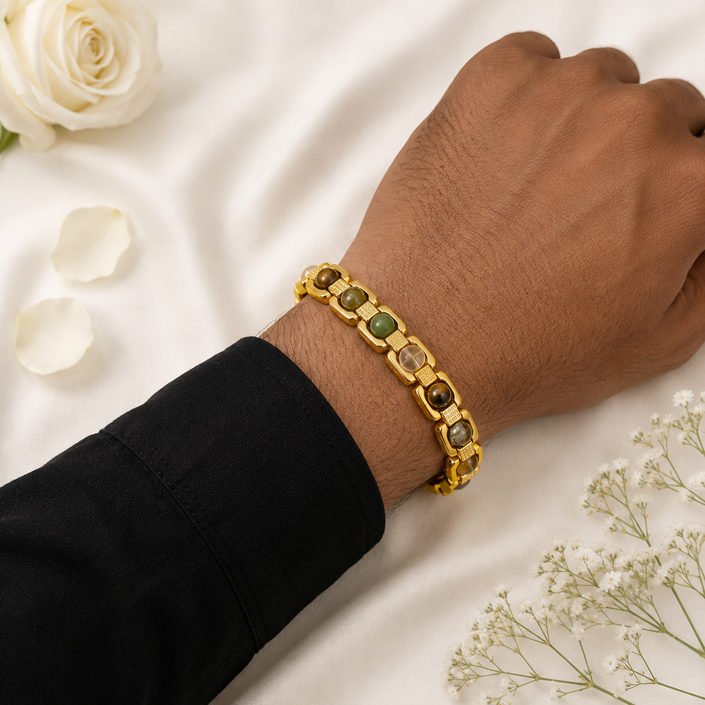 Metal Dhan Yog Men Bracelet (Gold Plated) + Free Gangajal And Digital Naam Jap Counter
