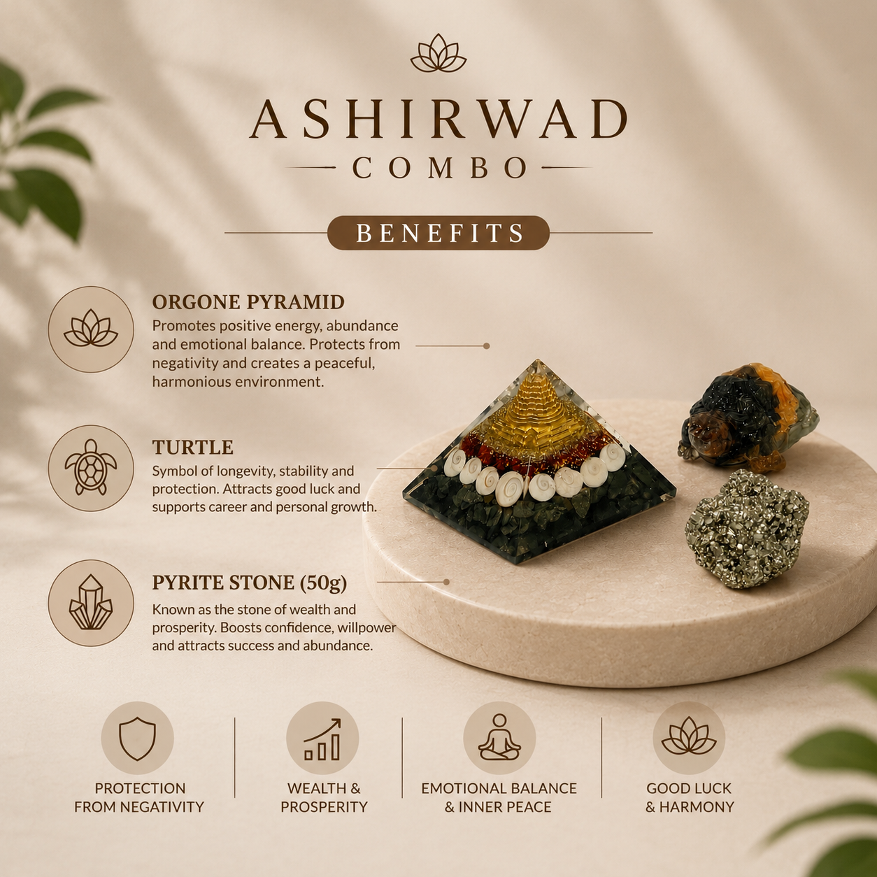 Aashirwad Combo [( Sree Yantra Pyramid, Dhanyog Tortoise, Raw Pyrite Stone ( Upto 50 Grams)]
