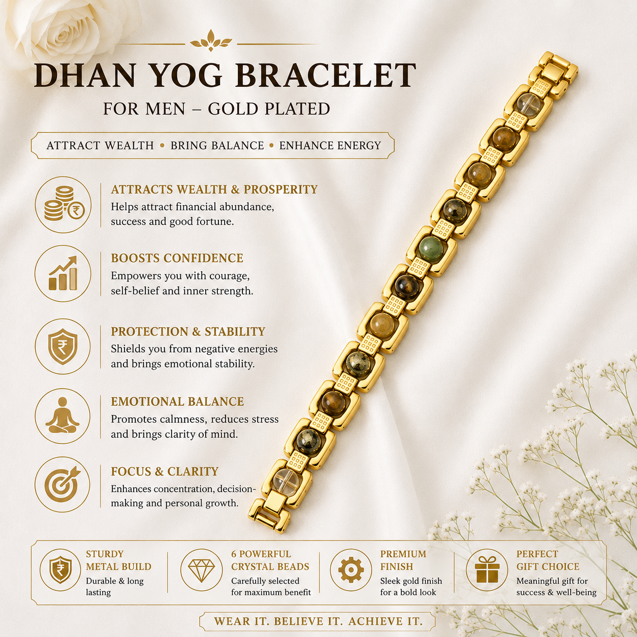 Metal Dhan Yog Men Bracelet (Gold Plated) + Free Gangajal And Digital Naam Jap Counter