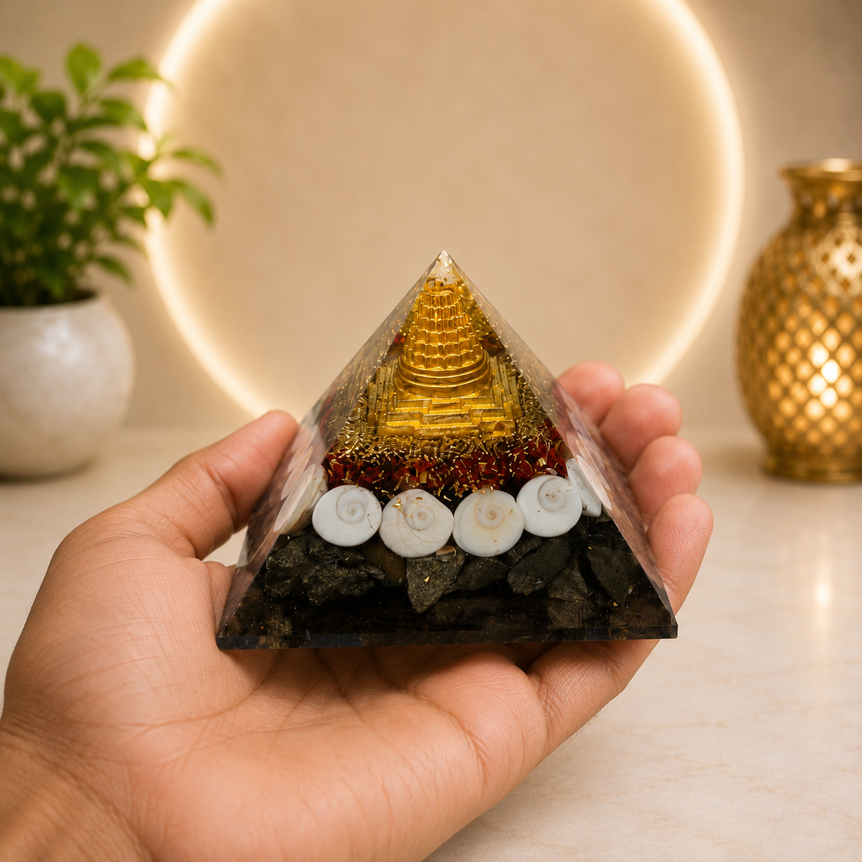 Pyrite Shree Yantra Pyramid with Gomti Chakra | Vastu Pyramid for Home & Office
