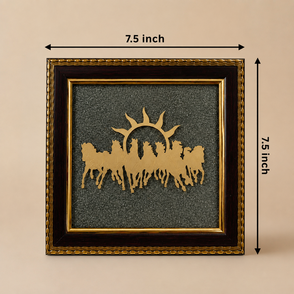 7 Running Horses with Rising Sun Pyrite Frame for Wealth, Success & Vastu Décor