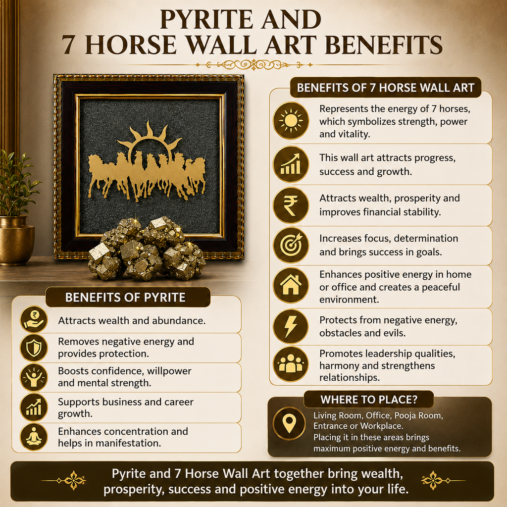 7 Running Horses with Rising Sun Pyrite Frame for Wealth, Success & Vastu Décor