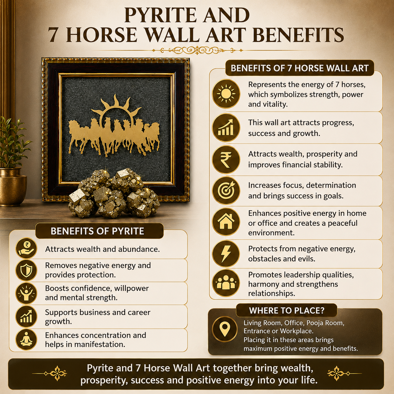 7 Running Horses with Rising Sun Pyrite Frame for Wealth, Success & Vastu Décor