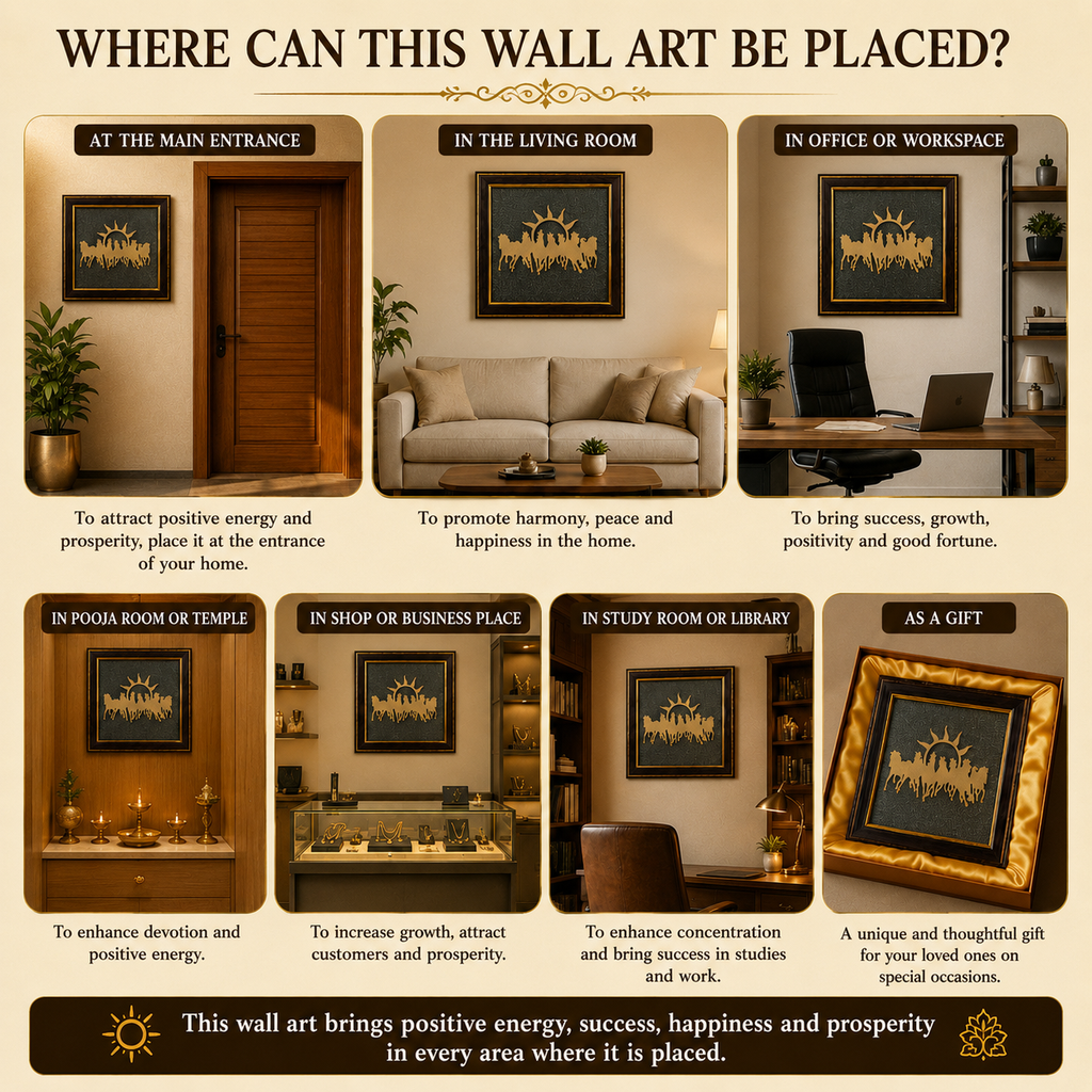 7 Running Horses with Rising Sun Pyrite Frame for Wealth, Success & Vastu Décor
