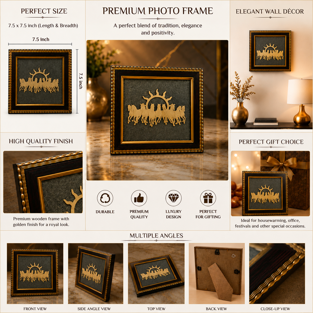 7 Running Horses with Rising Sun Pyrite Frame for Wealth, Success & Vastu Décor