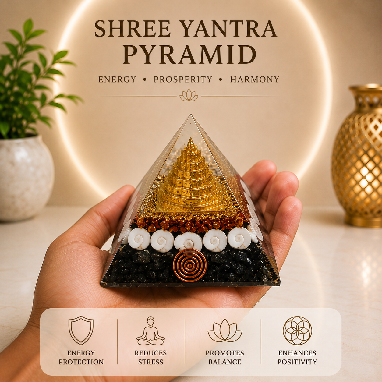Pyrite Shree Yantra Pyramid with Gomti Chakra | Vastu Pyramid for Home & Office