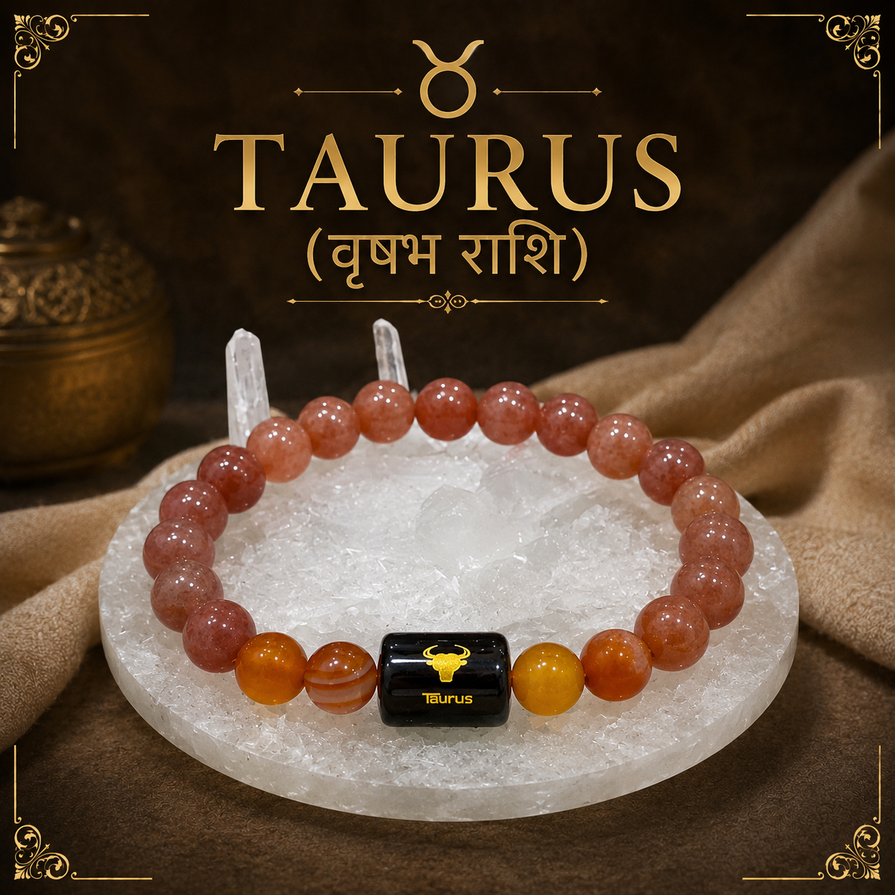 Taurus Zodiac Bracelet (वृषभ राशि) with Natural Selenite Plate | Carnelian & Sunstone Bracelet