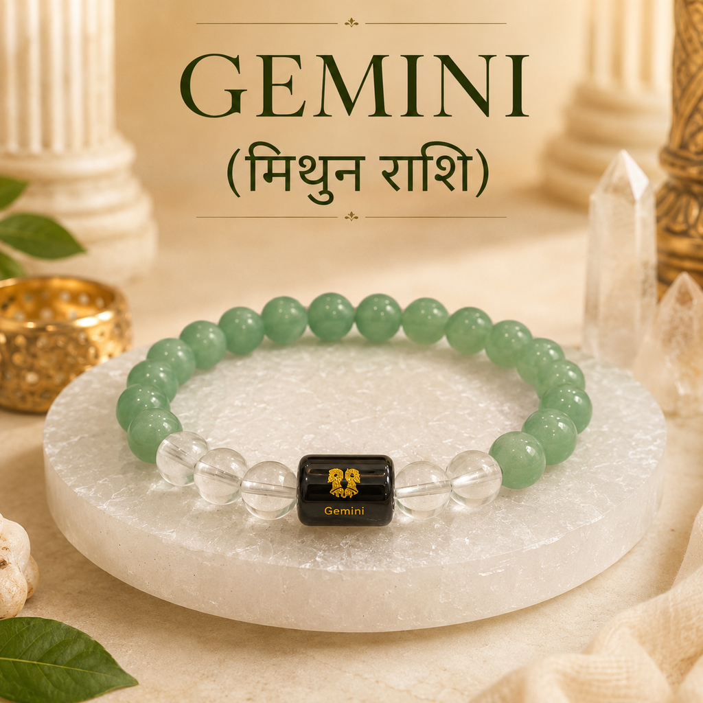 Gemini Zodiac Bracelet (मिथुन राशि) with Natural Selenite Plate | Green Aventurine & Clear Quartz Bracelet