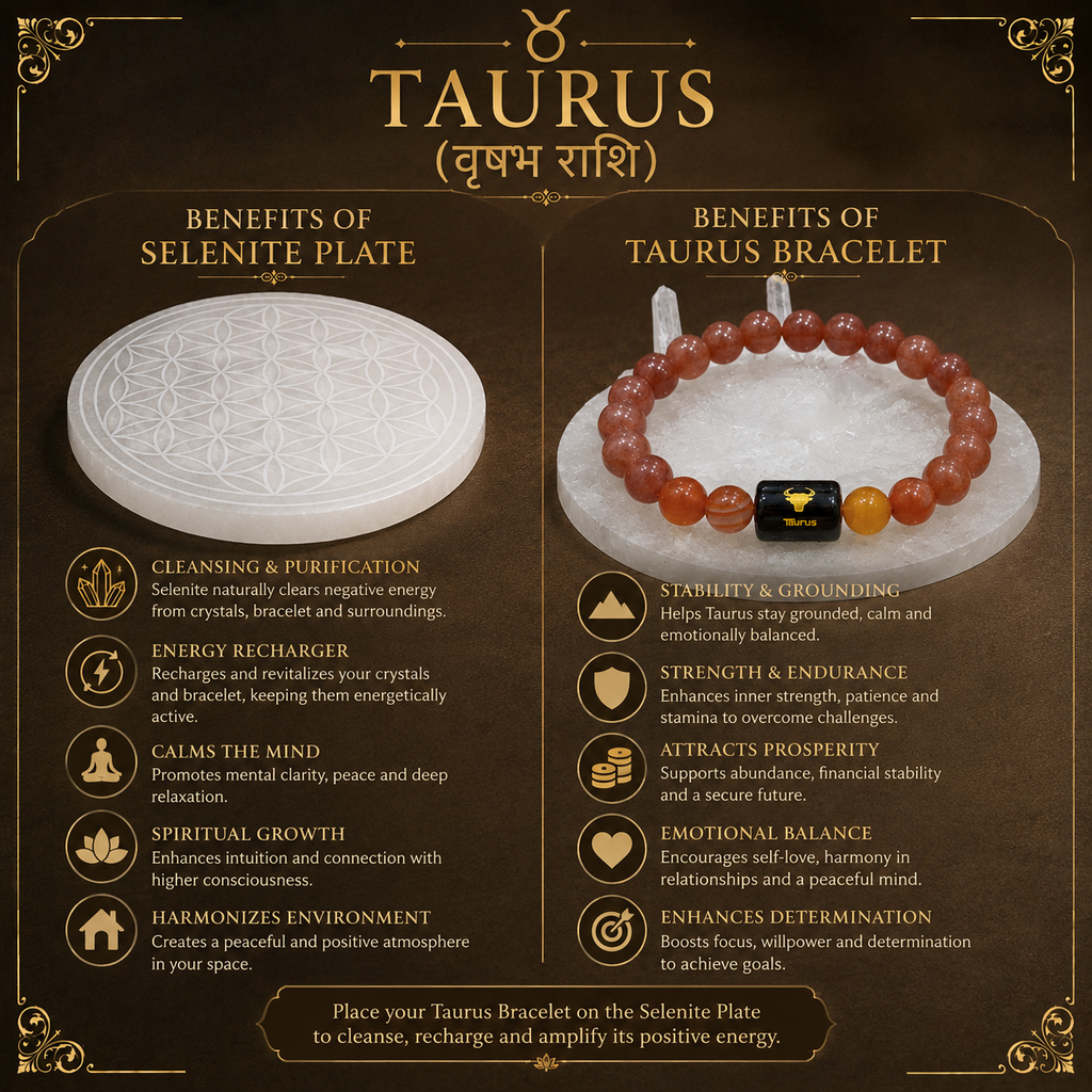 Taurus Zodiac Bracelet (वृषभ राशि) with Natural Selenite Plate | Carnelian & Sunstone Bracelet
