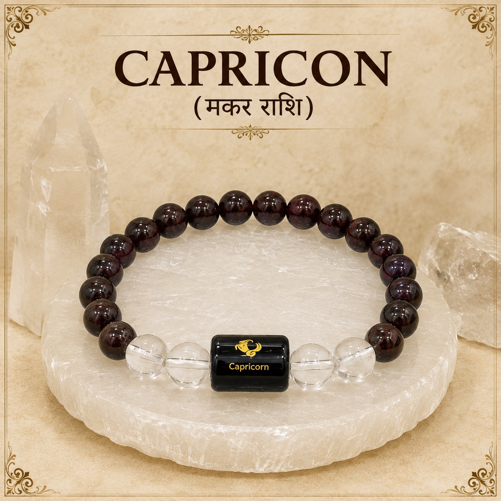 Capricorn Zodiac Bracelet (मकर राशि) with Natural Selenite Plate | Garnet & Clear Quartz Bracelet