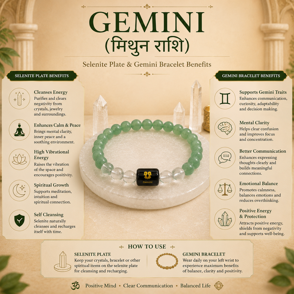Gemini Zodiac Bracelet (मिथुन राशि) with Natural Selenite Plate | Green Aventurine & Clear Quartz Bracelet