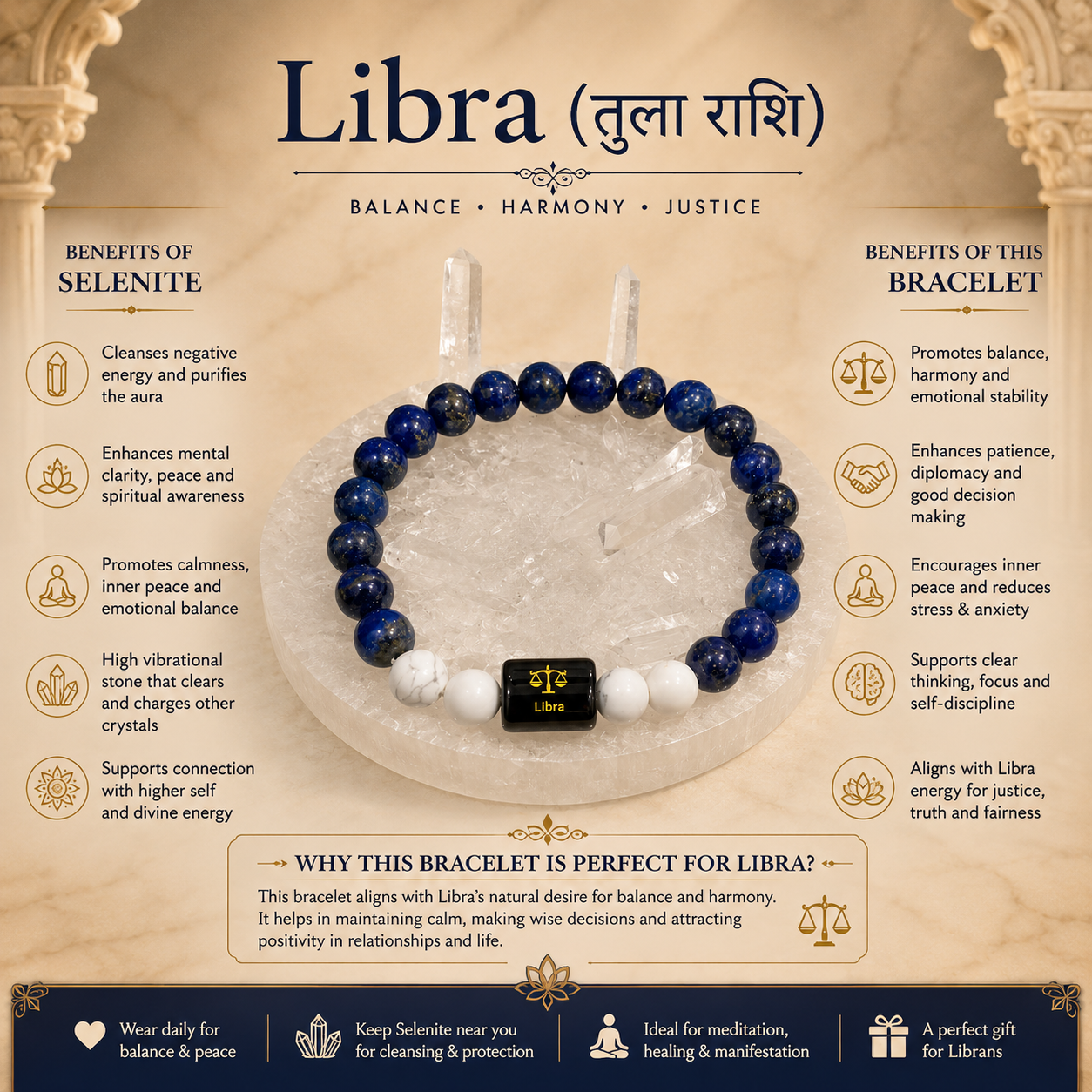Libra Zodiac Bracelet (तुला राशि) with Natural Selenite Plate | Lapis Lazuli & Howlite Bracelet