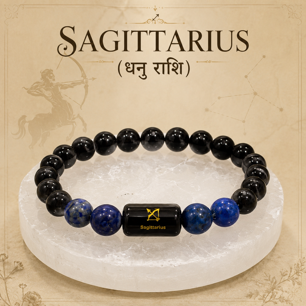 Sagittarius Zodiac Bracelet (धनु राशि) with Natural Selenite Plate | Black Obsidian & Lapis Lazuli Bracelet