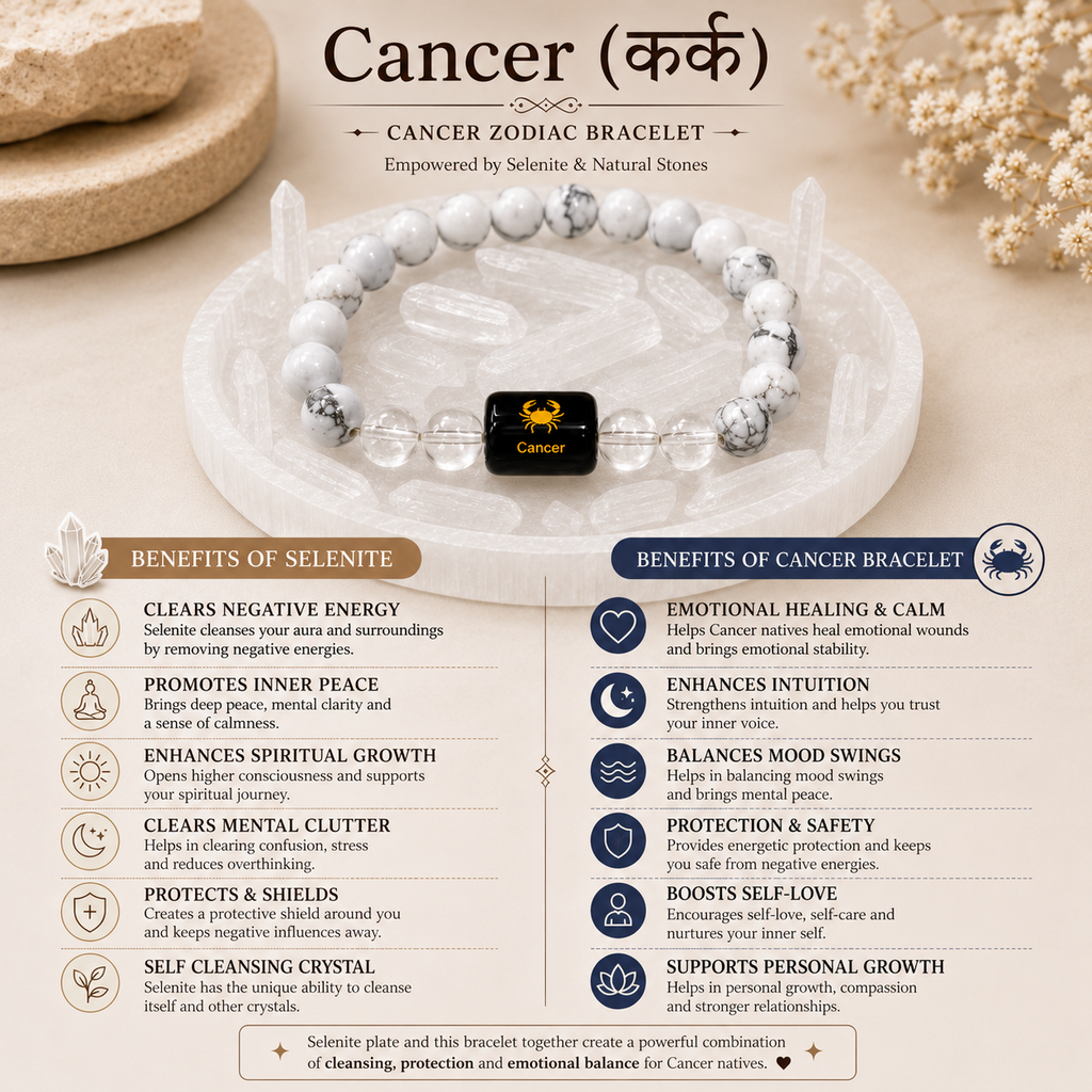 Cancer Zodiac Bracelet (कर्क राशि) with Natural Selenite Plate | Howlite & Clear Quartz Bracelet