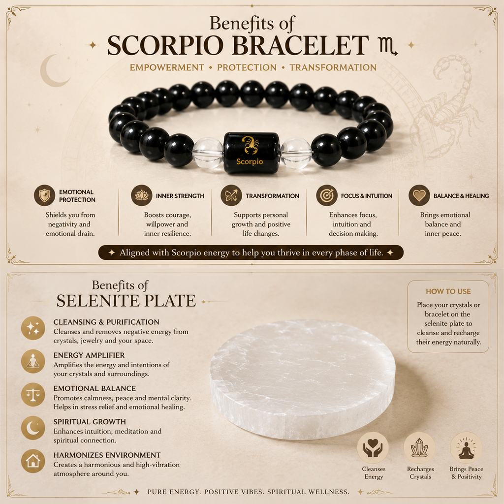 Scorpio Zodiac Bracelet (वृश्चिक राशि) with Natural Selenite Plate | Black Obsidian & Clear Quartz Bracelet