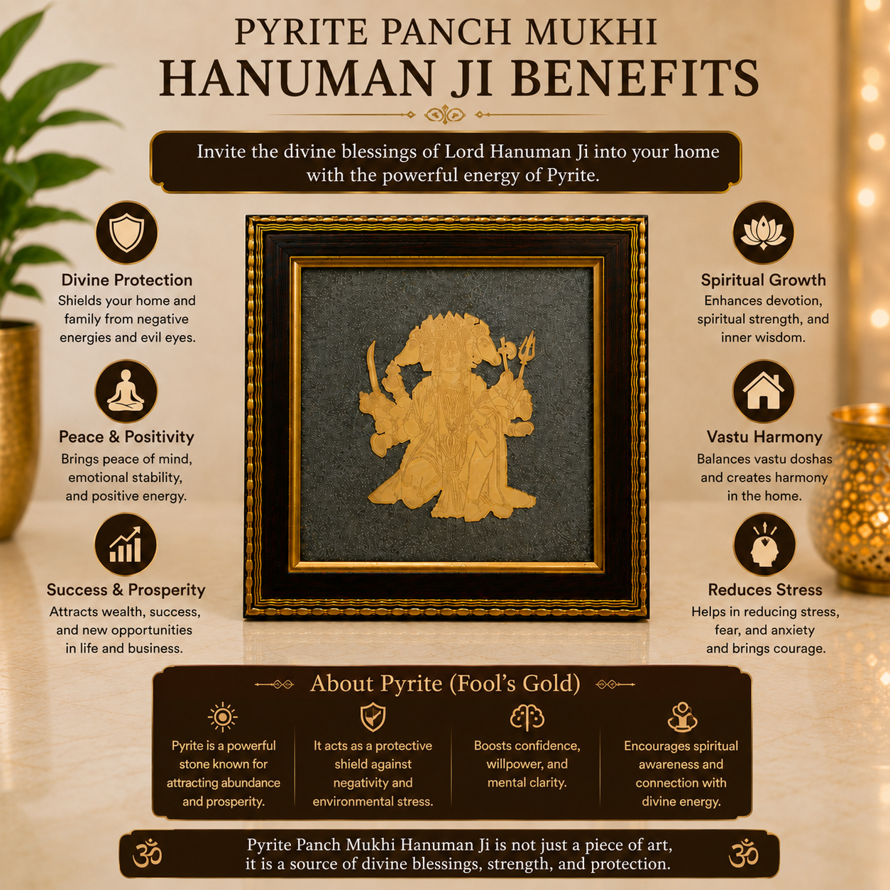 Panchmukhi Hanuman Ji Pyrite Frame | Vastu Wall Decor for Protection & Positive Energy