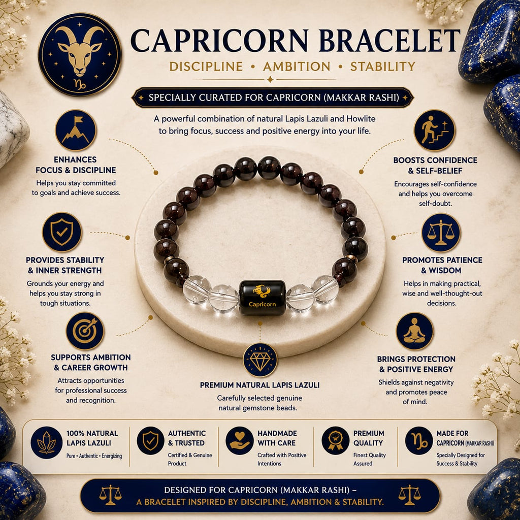 Capricorn Zodiac Bracelet (मकर राशि) | Natural Black Onyx & Clear Quartz Crystal Bracelet