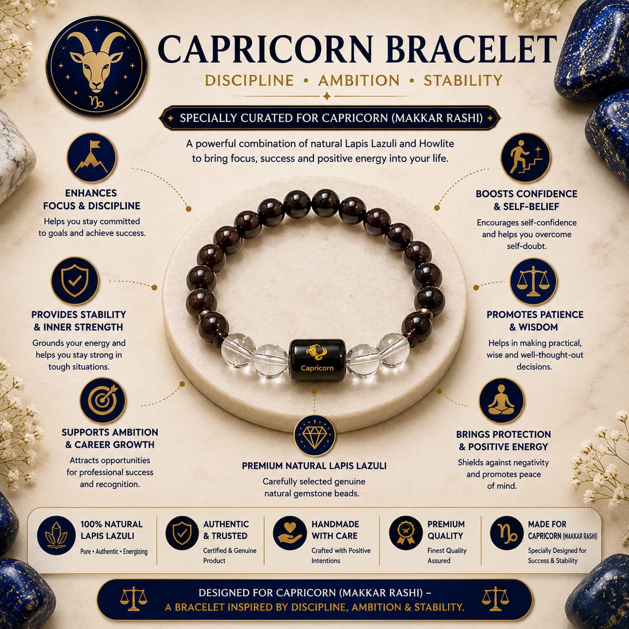 Capricorn Zodiac Bracelet (मकर राशि) | Natural Black Onyx & Clear Quartz Crystal Bracelet