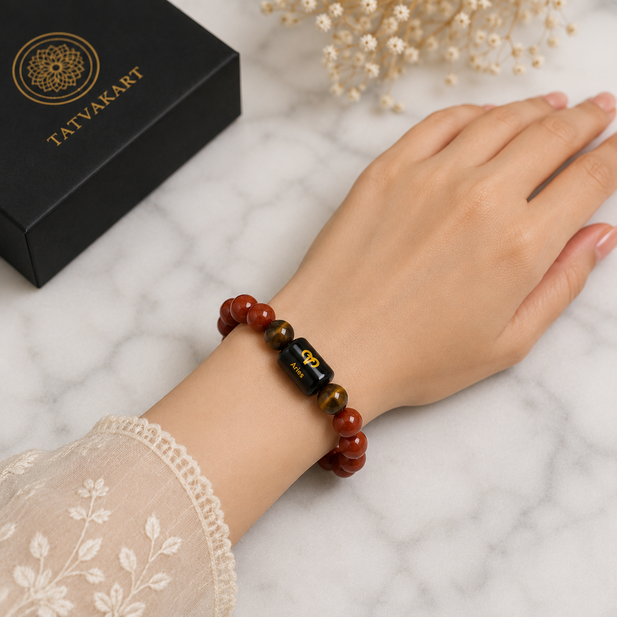 Aries Zodiac Bracelet (मेष राशि) with Natural Selenite Plate | Red Jasper & Tiger Eye Bracelet