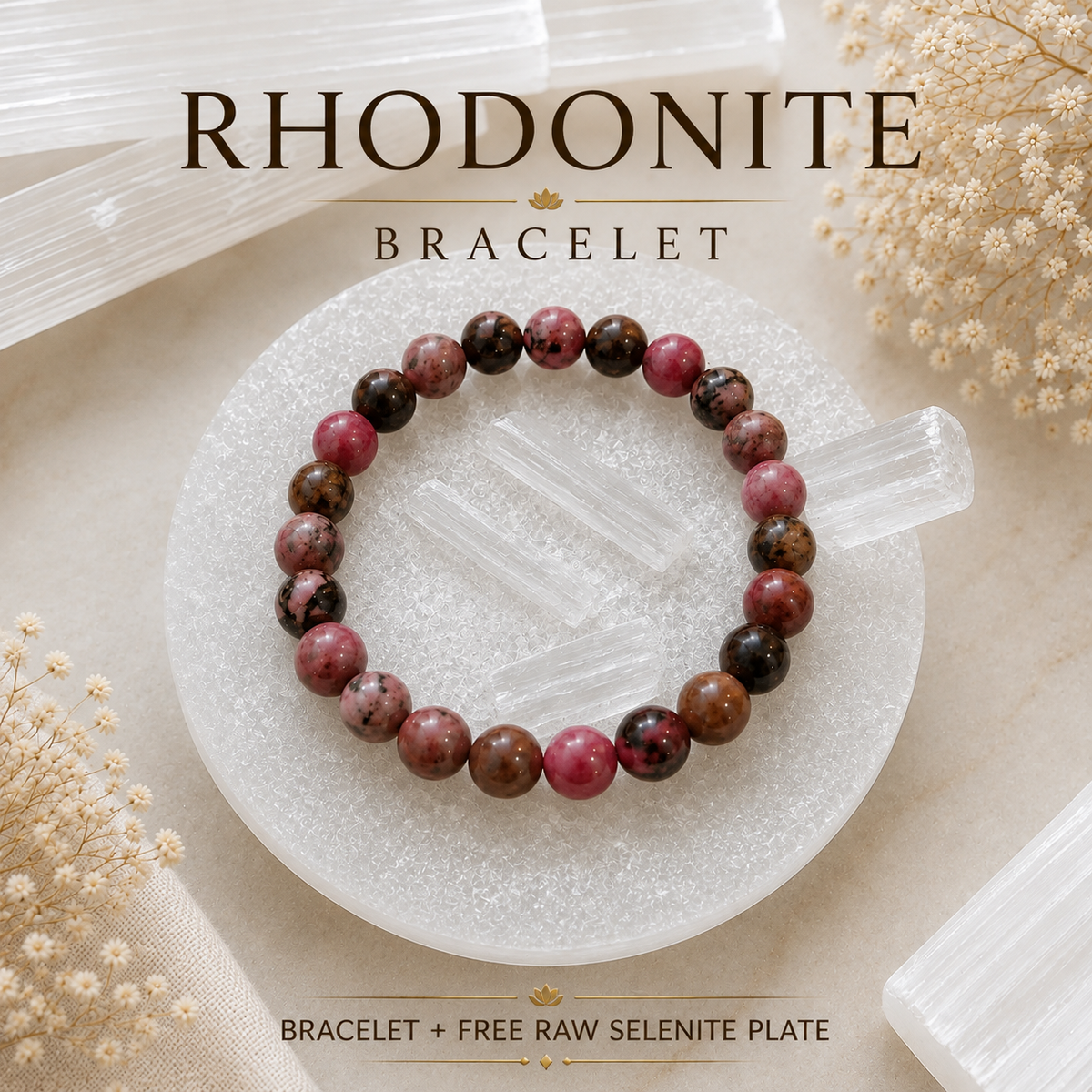 Rhodonite Bracelet with Selenite Charging Plate | Tatvakart