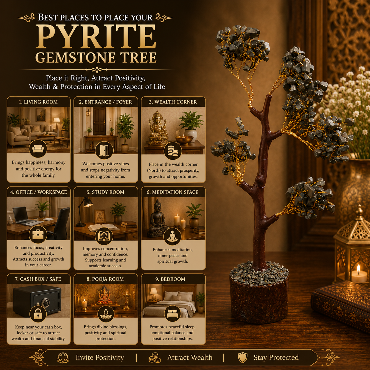 Natural Pyrite Crystal Tree for Prosperity, Protection & Positive Energy | Premium Gemstone Bonsai Décor
