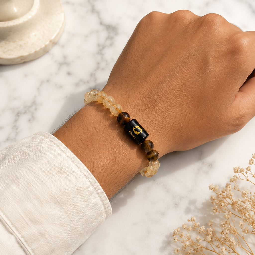 Pisces Zodiac Bracelet (मीन राशि) | Natural Citrine & Tiger Eye Crystal Bracelet