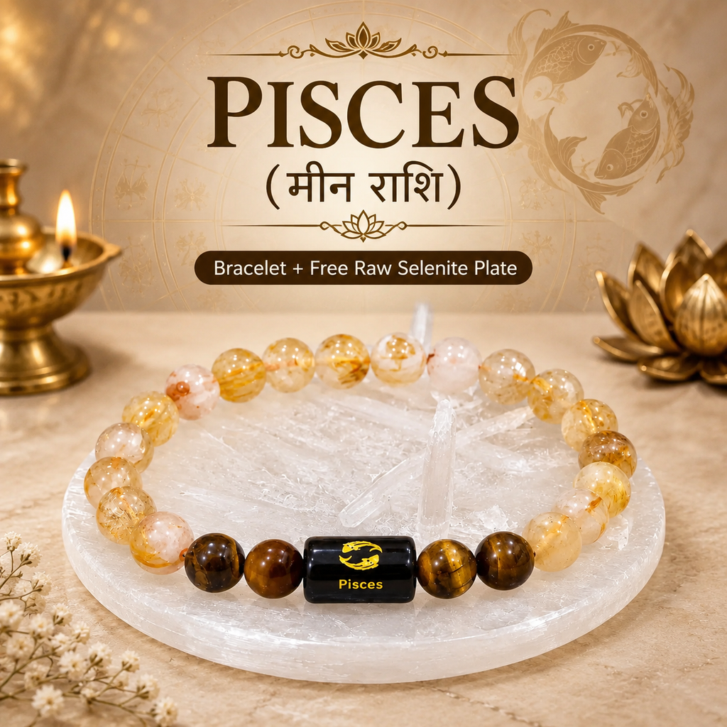 Pisces Zodiac Bracelet (मीन राशि) with Natural Selenite Plate | Citrine & Tiger Eye Bracelet