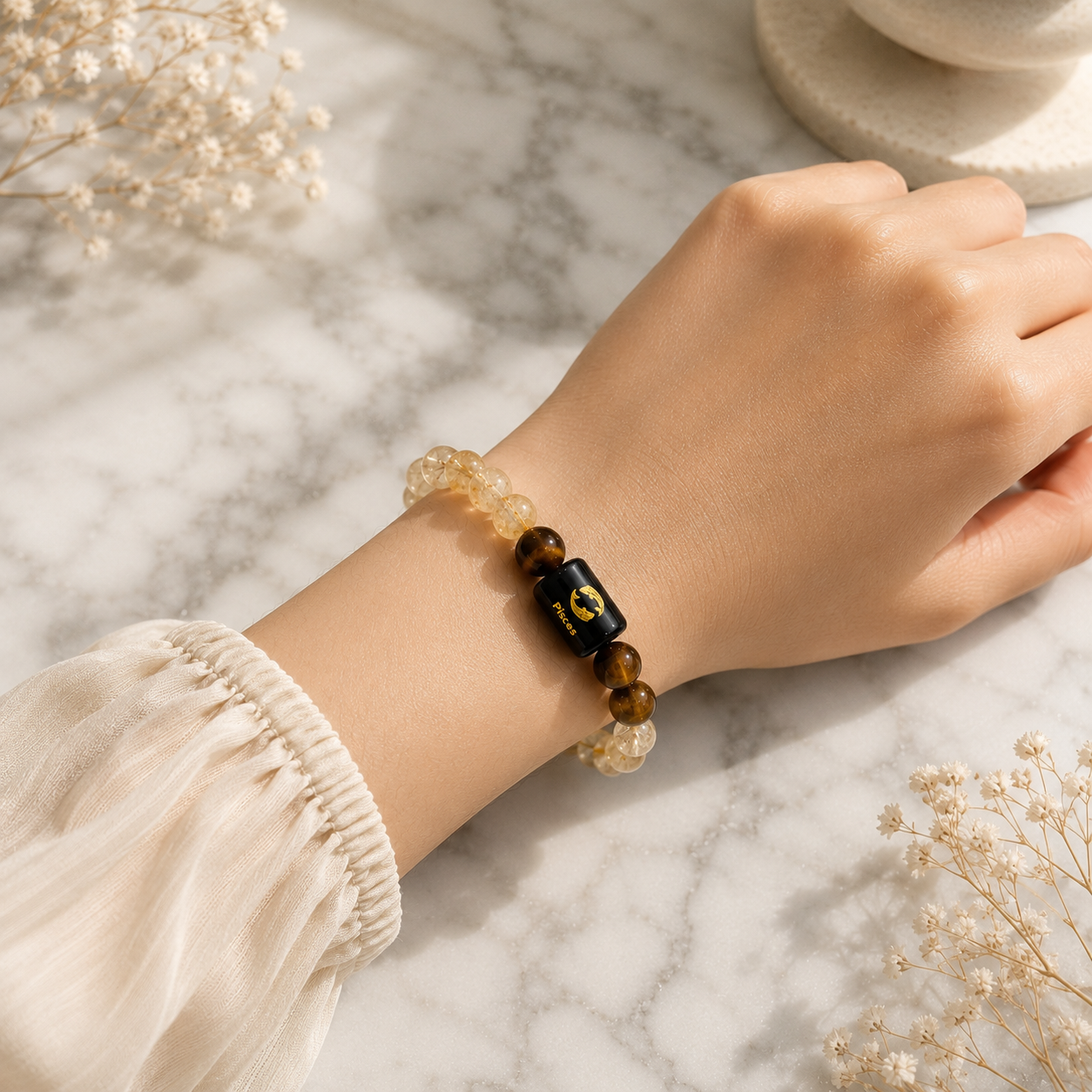 Pisces Zodiac Bracelet (मीन राशि) | Natural Citrine & Tiger Eye Crystal Bracelet