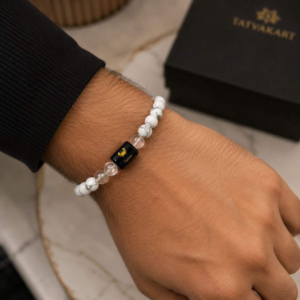 Cancer Zodiac Bracelet (कर्क राशि) | Natural Howlite & Clear Quartz Crystal Bracelet