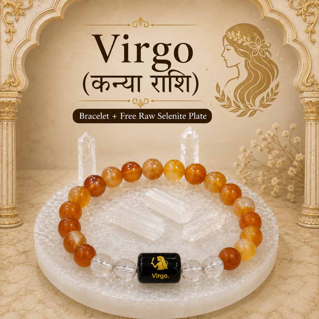 Virgo Zodiac Bracelet (कन्या राशि) with Natural Selenite Plate | Carnelian & Clear Quartz Bracelet