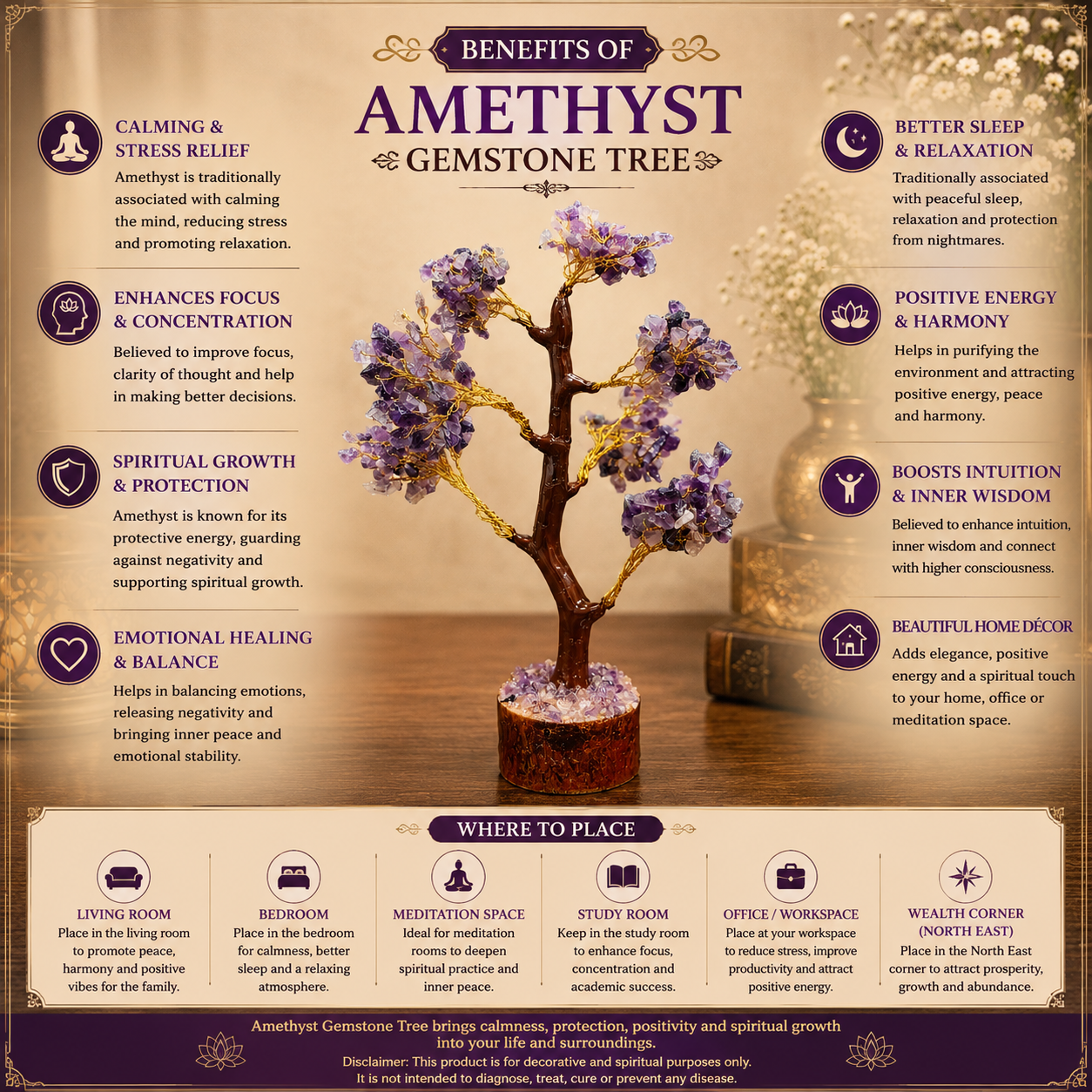 Natural Amethyst Crystal Tree for Calmness, Clarity & Positive Energy | Premium Gemstone Bonsai Décor