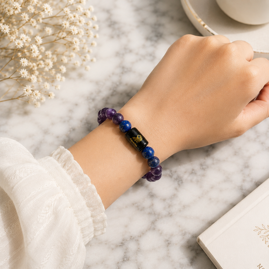 Aquarius Zodiac Bracelet (कुंभ राशि) | Natural Amethyst & Lapis Lazuli Crystal Bracelet
