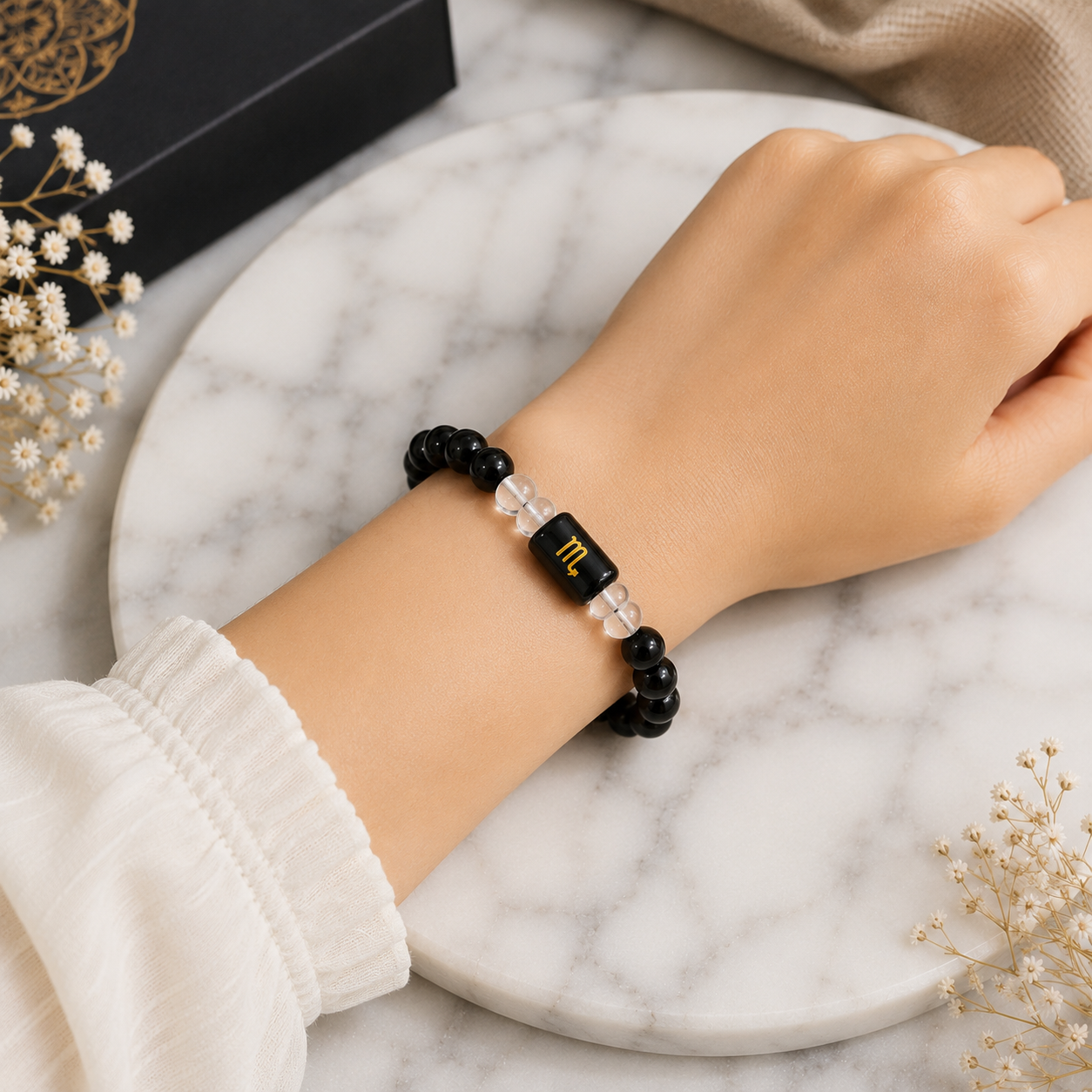Scorpio Zodiac Bracelet (वृश्चिक राशि) | Natural Black Obsidian & Clear Quartz Crystal Bracelet