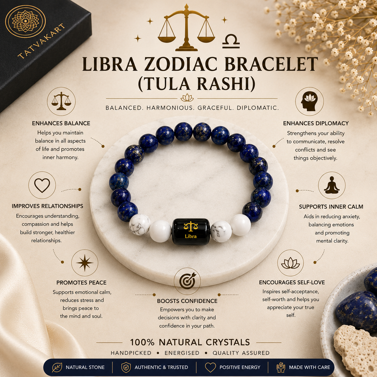 Libra Zodiac Bracelet (तुला राशि) | Natural Lapis Lazuli & Howlite Crystal Bracelet