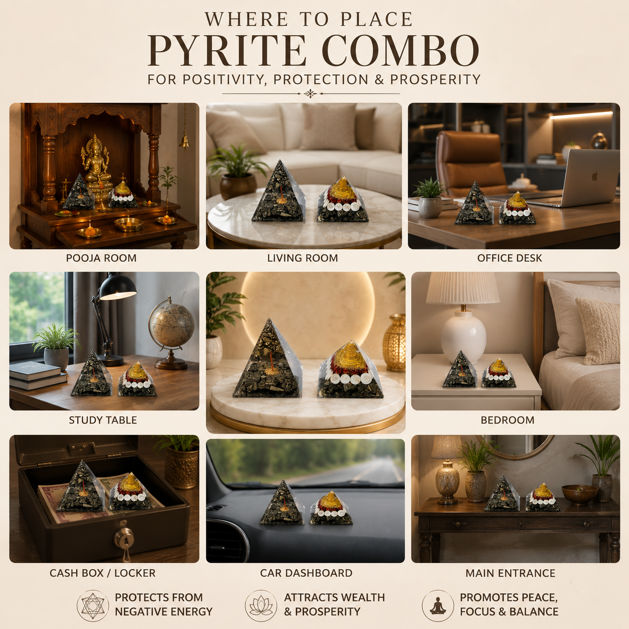 Pyrite Pyramid & Shree Yantra Pyramid Combo for Home, Office & Vastu | Tatvakart