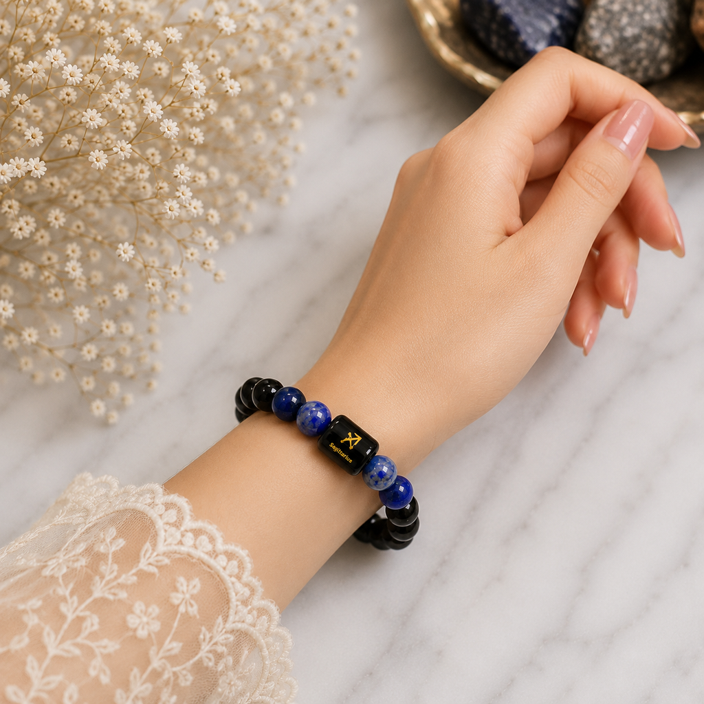 Sagittarius Zodiac Bracelet (धनु राशि) | Natural Black Onyx & Lapis Lazuli Crystal Bracelet