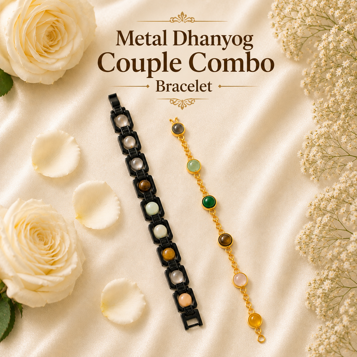 Metal Dhanyog Couple Combo Bracelet | Black Metal & Gold Plated | For Couple