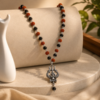 Silver Plated Karungali Rudraksha Mala with Trishul Om Pendant | Natural Ebony Wood | Tatvakart